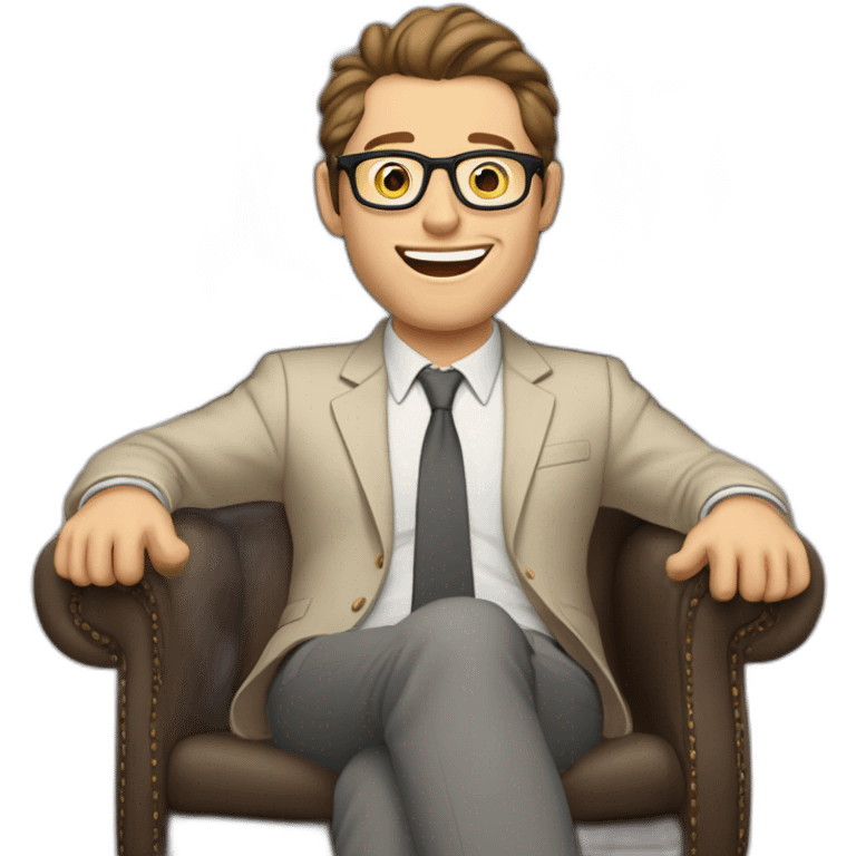 Joyful thrumbs up Pale skinned Fit Man With dark brown hair in gray jacket, beige office shirt, Brown pants and vintage glasses sitting In a soft chair emoji