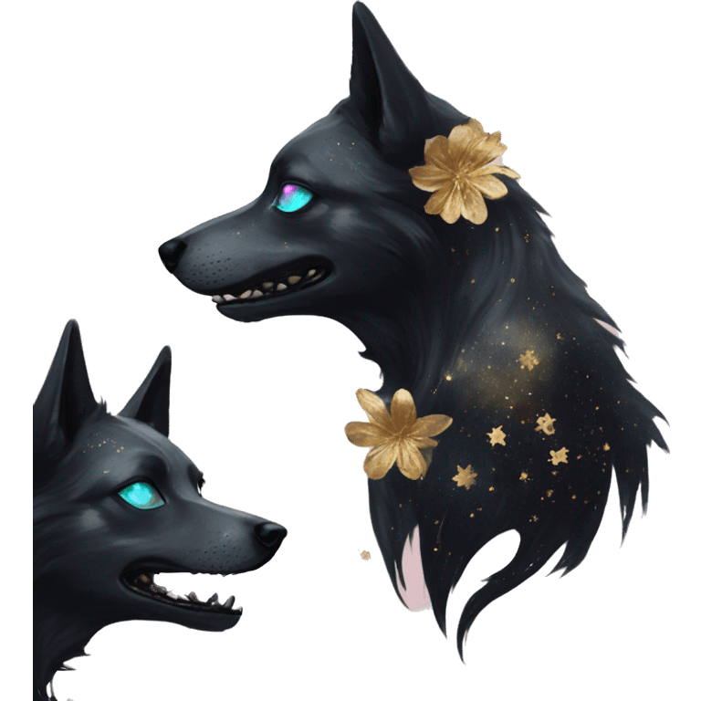 Black iridescent dog fox zombie skeleton gold mechanical nebula galaxy stars flowers fairy lights vintage emoji