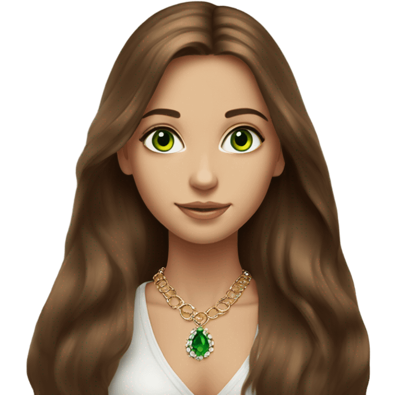 beautiful green eyed girl with beautiful long brown hair, that look like a super model, with jewellery  emoji