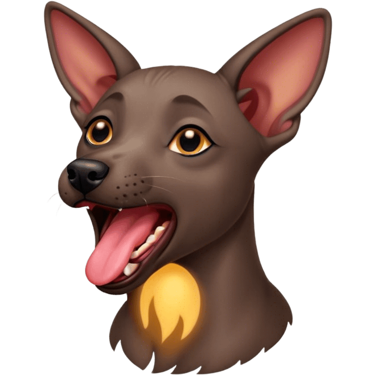 Cinematic Cute Yawning Xoloitzcuintle dog Portrait Emoji, Head tilted slightly with a dramatic, wide-open yawn, showcasing smooth, hairless ebony skin with gently relaxed wrinkles and floppy ears slightly drooping, round dark eyes barely open in drowsy contentment, Simplified yet irresistibly adorable features, highly detailed, glowing with a soft, cozy glow, high shine, relaxed yet expressive, stylized with a touch of whimsy, bright and endearing, soft glowing outline, capturing the essence of a sleepy yet affectionate guardian, so drowsy it feels like it could stretch out of the screen and curl up for a nap! emoji