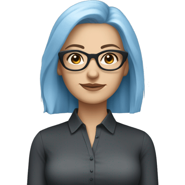 Caucasian woman with chin length layered blue hair and grey eyes wearing light grey square-shaped glasses and a black collared shirt emoji