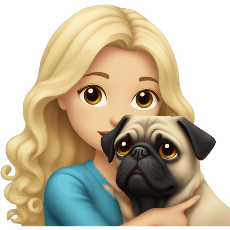 Girl with wavy blonde hair kissing a black pug emoji