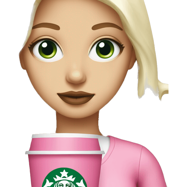 platinum blonde with green eyes drinking pink starbucks wearing a pink bow emoji