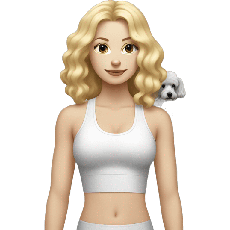 white woman with long blonde hair and cat shaped eyes wearing a yoga outfit standing alongside a black and white poodle emoji