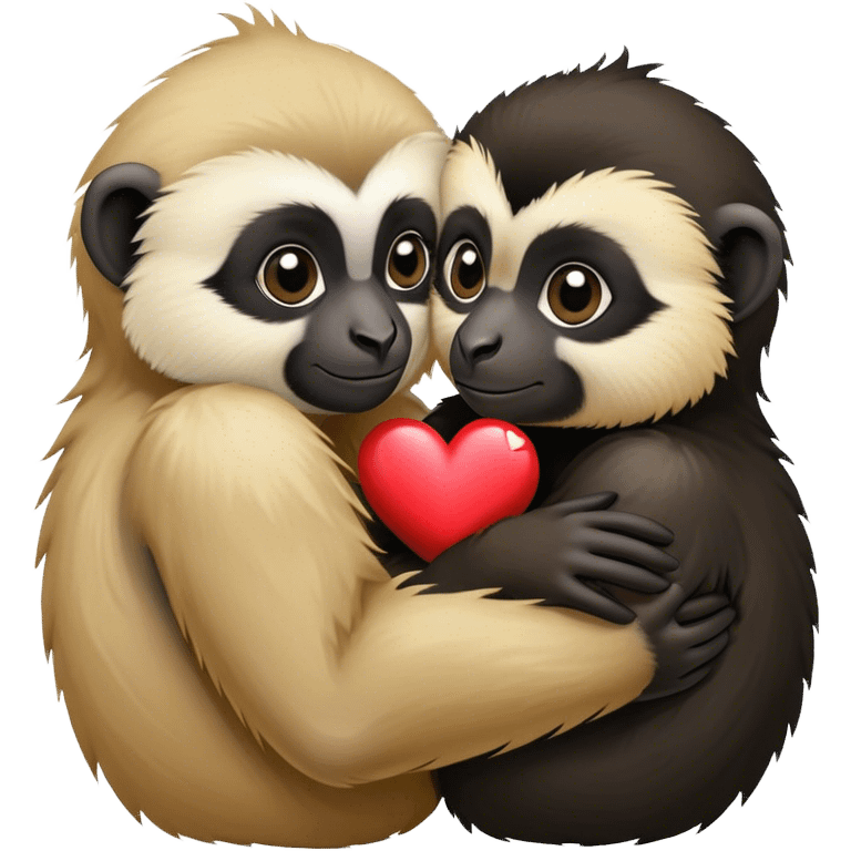 Two gibbons, one black and one tan, embracing with a heart emoji