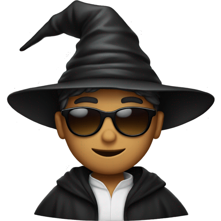 White boy with sunglasses wearing a black wizard hat emoji