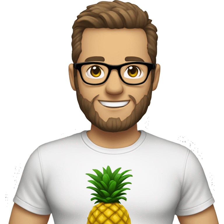 White man,  wearing round black glasses, smiling, straight brown hair combed to the side, beard, holding a cell phone, t-shirt with a pineapple emoji