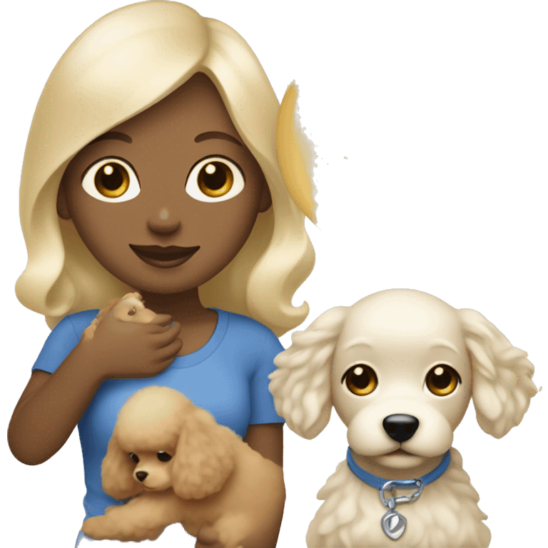 Blonde lady with blue eyes, straight hair  holding poodle puppy cream  emoji