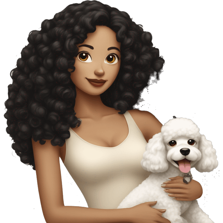 woman with black curly hair and her cream poodle emoji