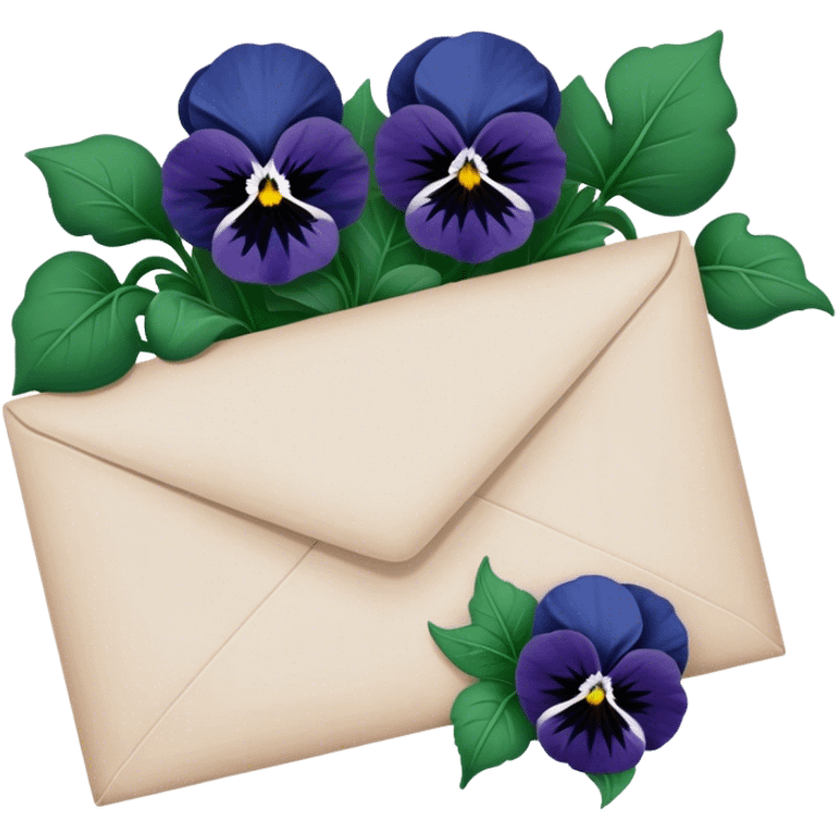 A gracefully aged love letter sealed with a deep green wax stamp, resting beside a navy blue bouquet of pansies. emoji