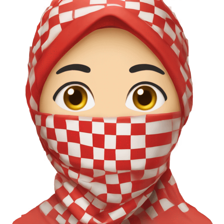 Woman wearing red and white checkered kuffiyeh hand covering mouth emoji