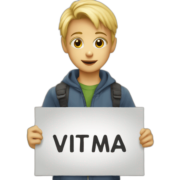 a young blond boy holding a sign , written "vivien ta maman" emoji