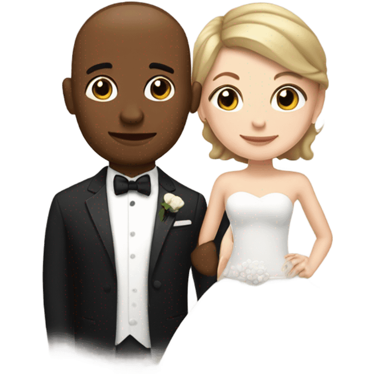 a white girl in a wedding dress with short hair and a brown guy in a tux with a buzz cut  emoji