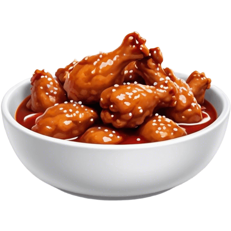 Korean Fried Chicken Cinematic Realistic Korean Fried Chicken Dish Emoji, depicted as bite-sized chicken pieces generously coated in a glossy, spicy sauce, in a bowl. emoji