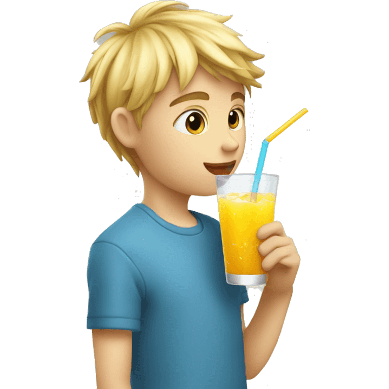 A blonde boy sucking juice with a straw while his hand is holding the drink, profile view emoji