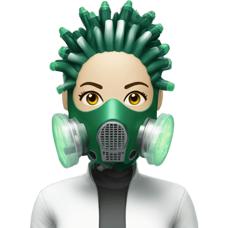 Dark green Mohawk female cyborg head with white respirator mask and circuits emoji