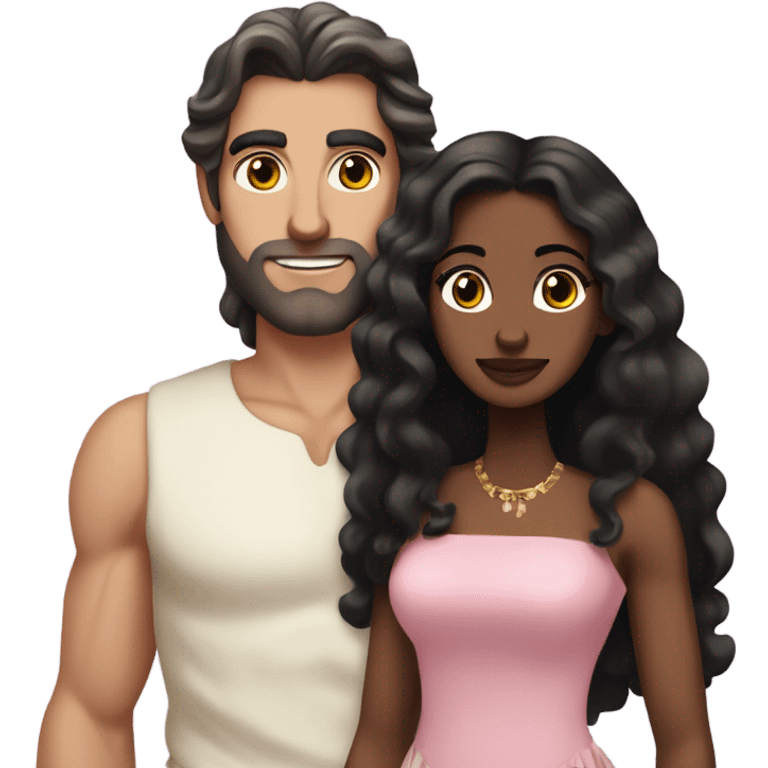 A handsome pale Greek god man who has long brown hair and tanned skin with a pretty black woman who has long black hair and she is wearing a pink dress and they are a couple emoji