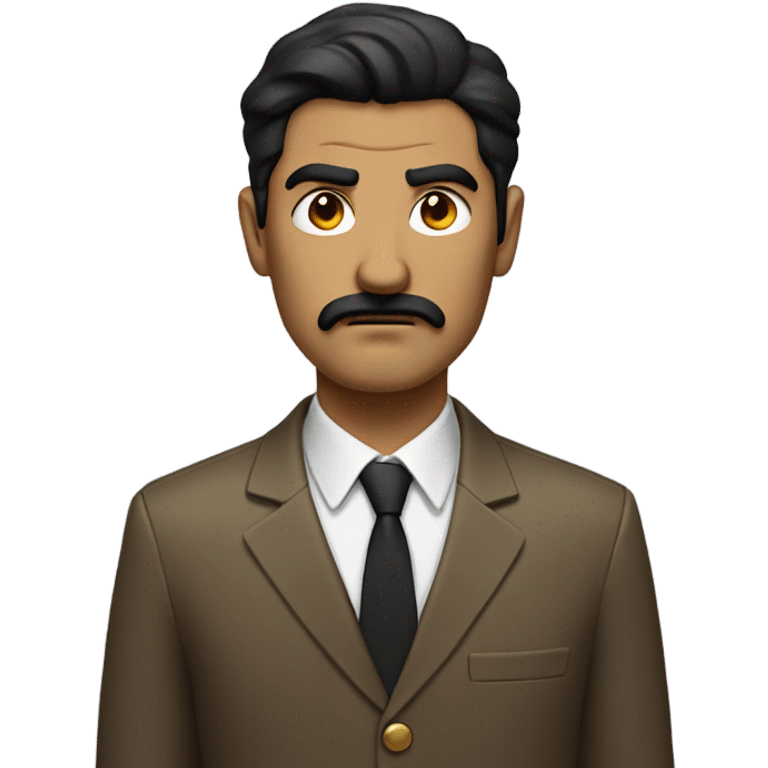 Man with small mustache and black hair wearing a golden brown suit and looking angry emoji