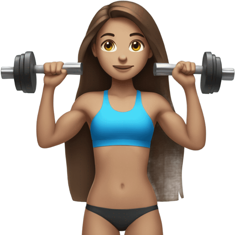 girl with long brown hair,  bright blue eyes, lifting weights emoji