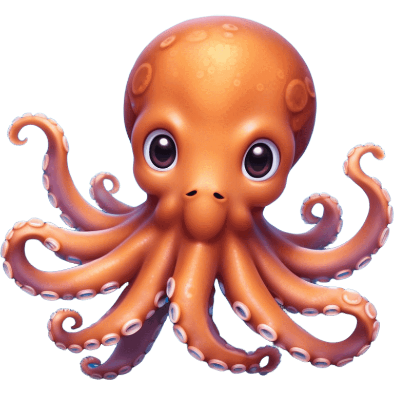 Cinematic Cute Octopus Portrait Emoji, Head tilted playfully and inquisitively, featuring a charming, rounded body with soft, shimmering skin and eight expressive, gently curling arms with playful suckers, with round, sparkling eyes full of wonder, Simplified yet irresistibly adorable features, highly detailed, glowing with a warm, inviting underwater glow, high shine, affectionate and lively, stylized with a touch of whimsical marine charm, soft glowing outline, capturing the essence of a mischievous yet loving octopus that seems as if it could float out of the screen into your arms! emoji