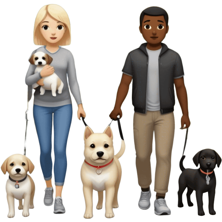 Blond white girl with dark black guy black hair with 1 dog medium size white and gray and 1 dog large dark brown and white, a dark skinned black guy with black short hair and their baby on a walk emoji