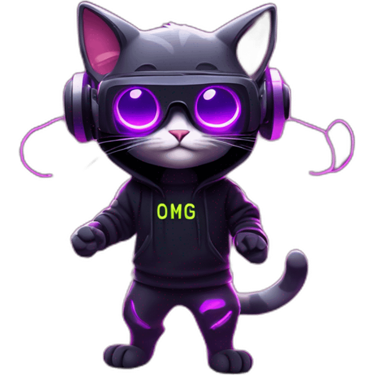 funny cat wearing a black hoodie with "OMG" letters on it and VR headset in a cyberpunk VR environment with violet neon lighting. emoji