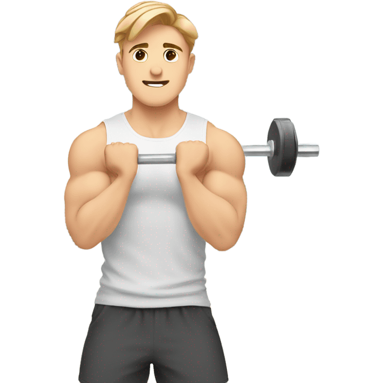 Kawaii White man with light brown hair at gym standing holding barbell on shoulders from side view emoji