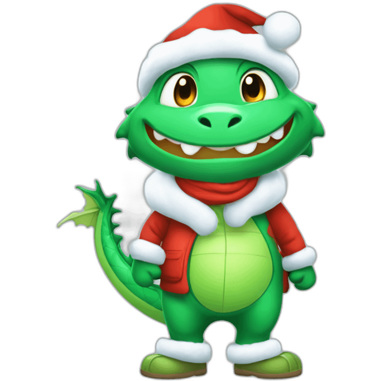 happy little green cartoon dragons of child in winter, in work pants, in work clothes, in winter boots, in a Santa Claus hat, New Year emoji