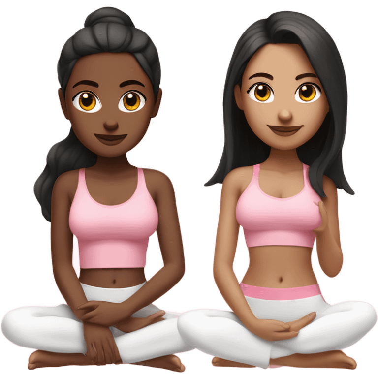 A girl with white skin tone, brown eyes and black long hair,  is sitting in a lotus position in a pink bra top and short white skirts emoji