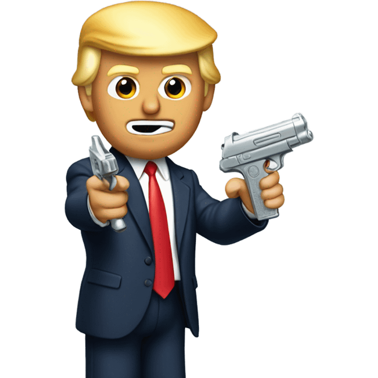 Donald trump holding a silver squirt gun in one hand and aiming the quirt gun at the side of his head emoji