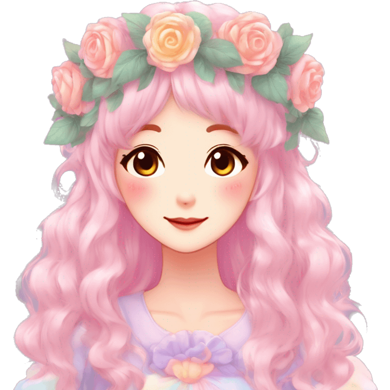 Gorgeous Shiny Colorful Pastel Anime Mature Lady with blushing face and pretty hair with a flower crown pastelcore kawaii cottagecore fairycore aesthetic trending style emoji