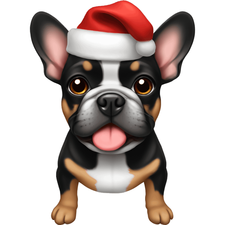 Black and tan frenchie wearing Santa hat emoji