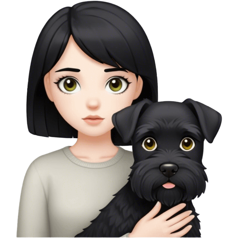 pale girl with light eyes and black hair and black schnauzer emoji