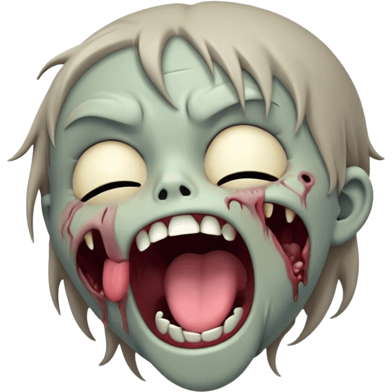 Cinematic Cute Yawning Zombie Portrait Emoji, with a delightfully quirky, slightly disheveled face in muted ashen tones, head tilted back in a big, funny yawn that reveals quirky stitches and playful gaps, simplified yet irresistibly charming, highly detailed with a soft, eerie glowing outline capturing the sleepy, offbeat vibe of a zombie taking a nap! emoji