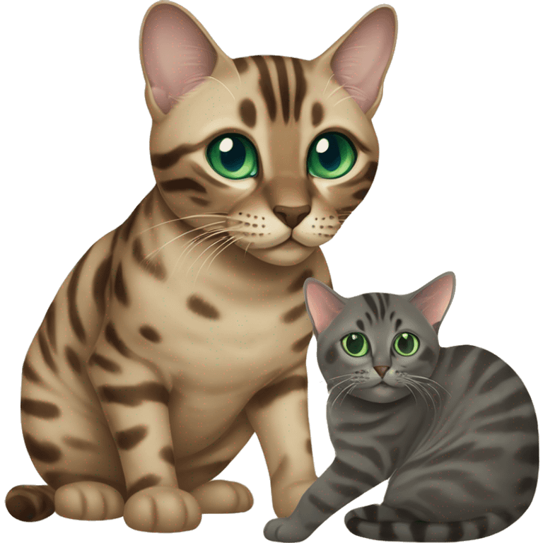 Seal Bengal cat with Blue eyes + charcoal Sepia bengal cat with Green eyes sit Next to each other  emoji