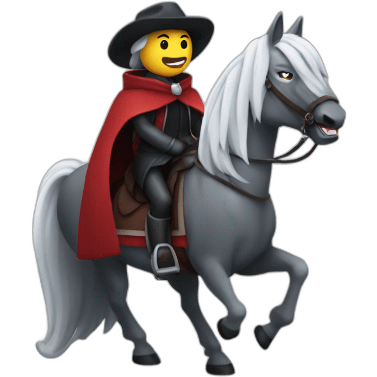 Un vampire qui monte sur un cheval blanc qui porte une écharpe emoji