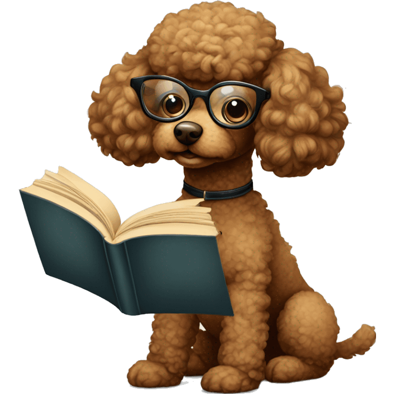 Brown poodle with wire rim glasses reading a book emoji