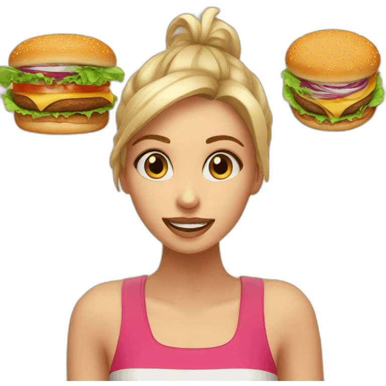 Hungry girl in front of a burger emoji