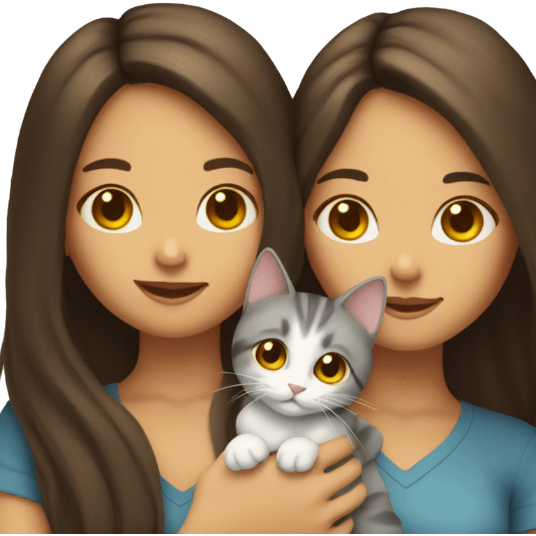 Two long hair brunette girls and two cats in their hands emoji