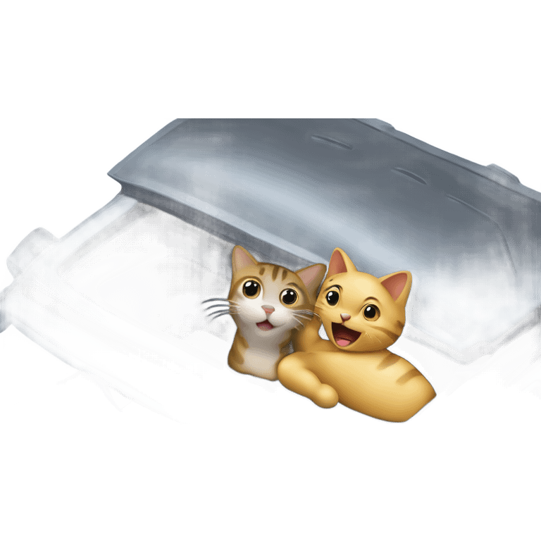 A cartoon emoji-style car with a curious cat peeking out from the open hood of the engine compartment. emoji