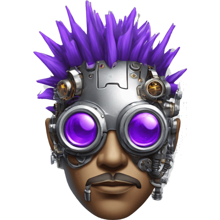 Purple mohawk cyborg head with silver steampunk goggles, goatee and circuits emoji