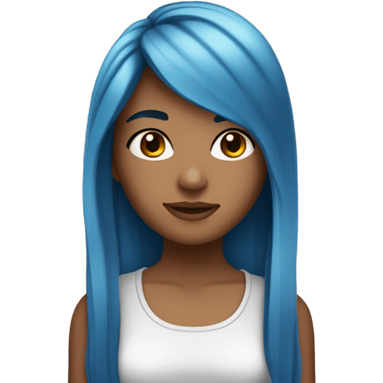 a girl with tan skin, straight long blue hair, brown eyes, standing,very beautiful,very hot emoji