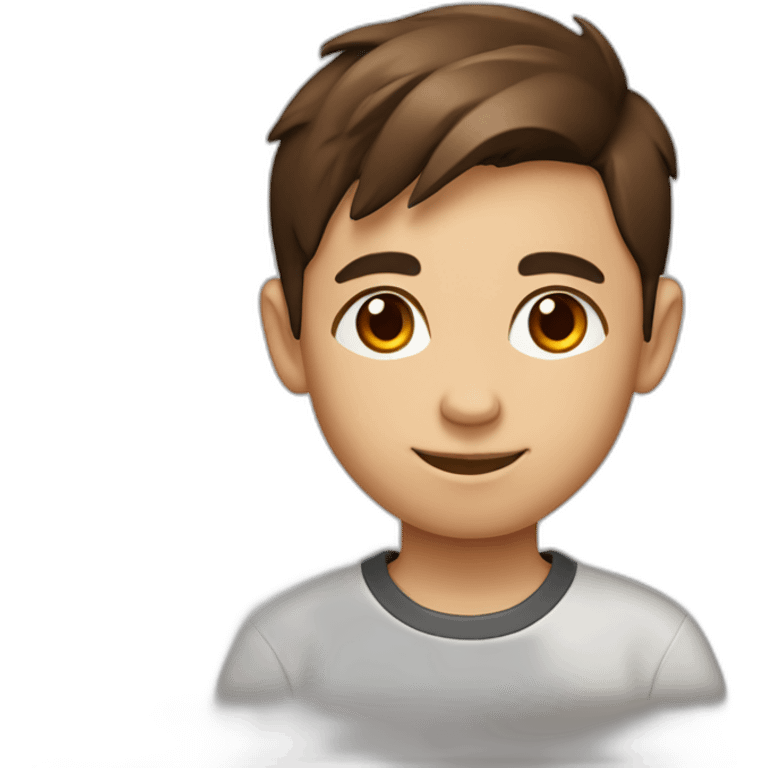 10 year old boy with brown hair wearing a shirt with ubuntu linux logo emoji