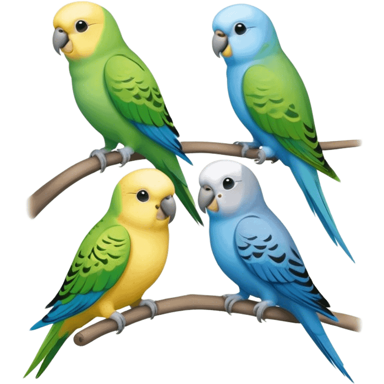 A group of one yellow parakeet, one blue parakeet, one green parakeet, and one grey parakeet emoji