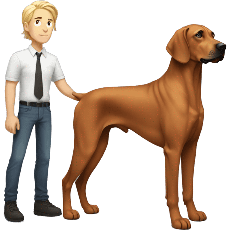 white male with long rainbow colored hair standing alongside a brown rhodesian ridgeback emoji