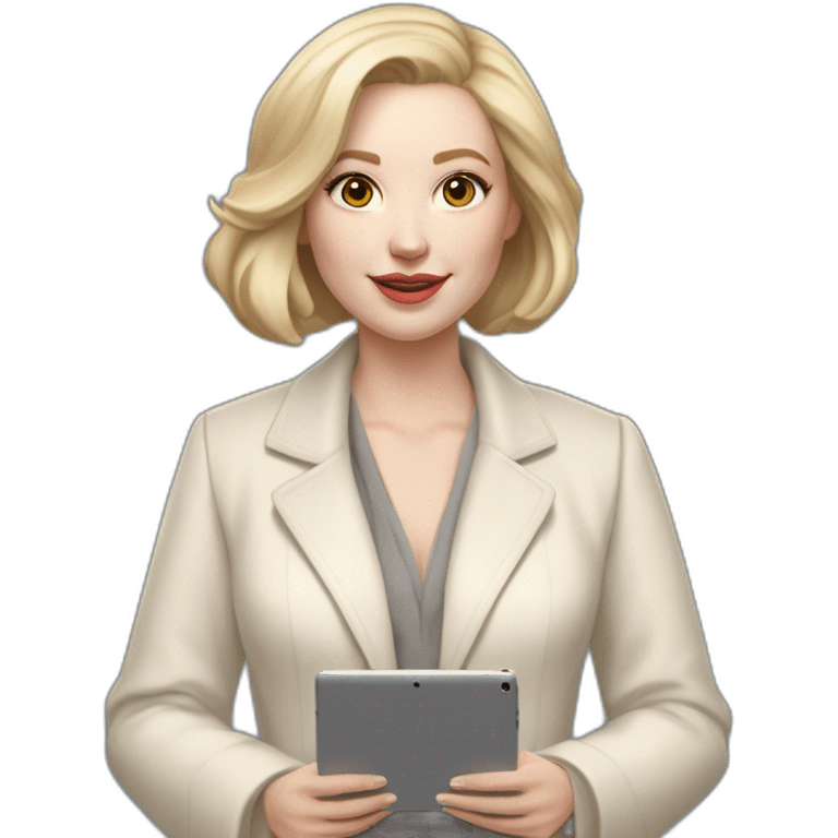 pale skin woman with ash blonde Straightened bob Hair, White Spacious classical jacket, beige palazzo Arrow pants and gray blouse holding a IPad Pro 12.9” in the hands emoji