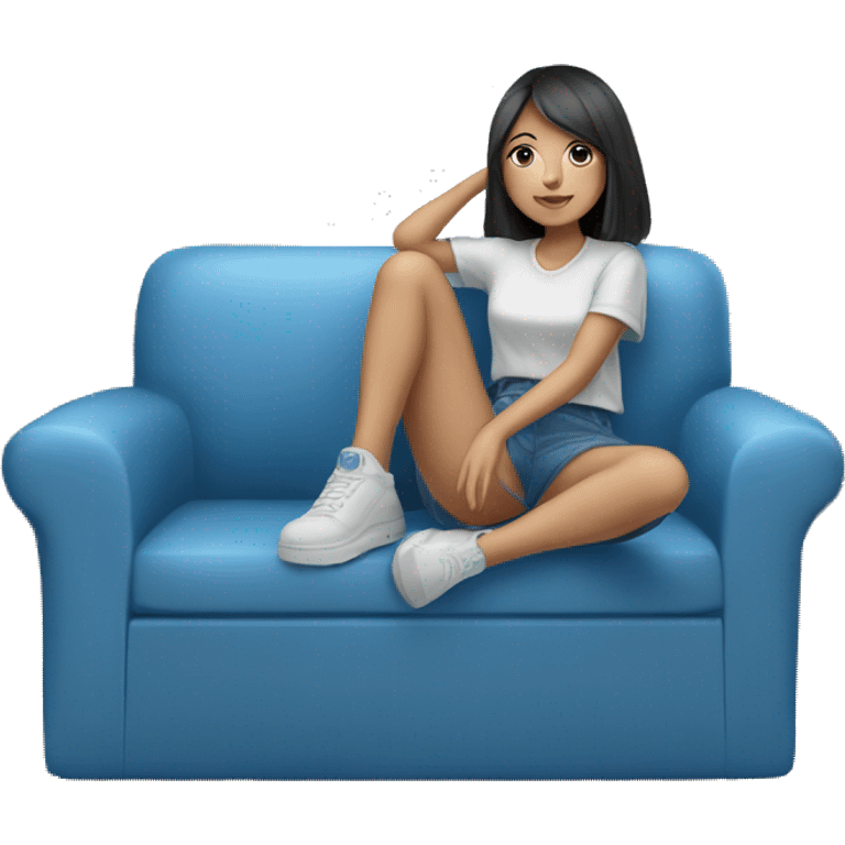 Blue colour 🛋️ sofa and asian girl 👧🏻 is chilling on there emoji