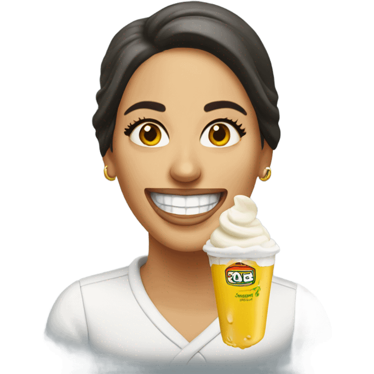 A lebenese woman smiling with mayonnaise dripping from her mouth emoji