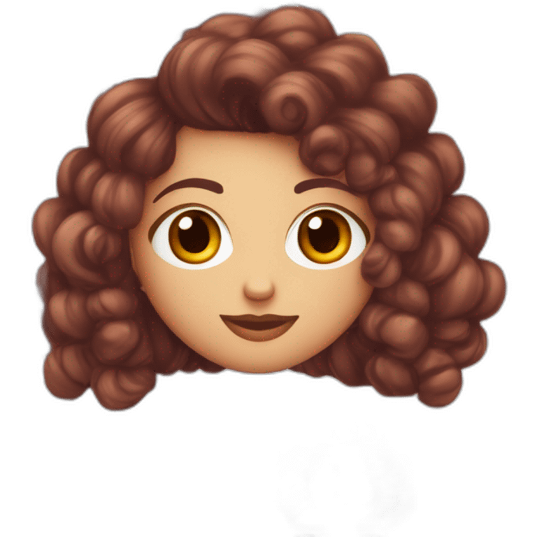 cheveux bouclés couleur aubergine, visage rond, levres pulpeuses, yeux en amande et marron clair, sourcils épais emoji