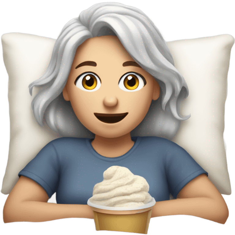 a caucasian gray hair girl laying in bed while watching tv and eating icecream emoji